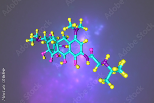 Molecular structure of tigecycline, a broad-spectrum glycylcycline antibiotic for a number of bacterial infections. Scientific background. 3d illustration photo