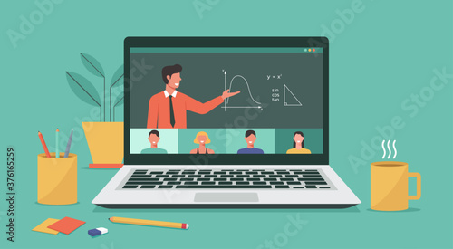 people connecting together, learning or meeting online with teleconference, video conference remote working on laptop, work from home and anywhere, new normal concept, vector flat illustration