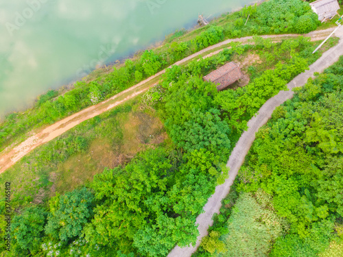 Aerial View above Security Lake National Wetland Park in spring, Huangshi, Hubei, China