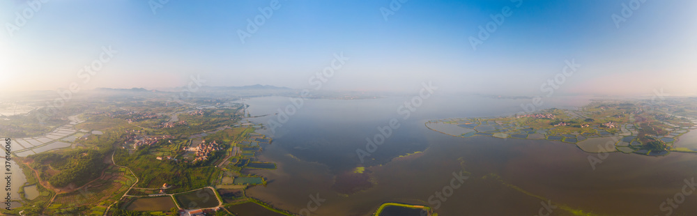 Aerial View above Security Lake National Wetland Park in spring, Huangshi, Hubei, China
