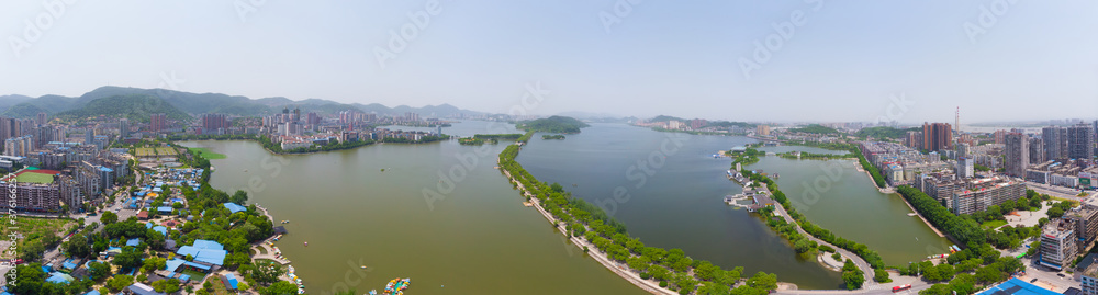 Aerial View above Ci Lake Park in spring, Huangshi, Hubei, China