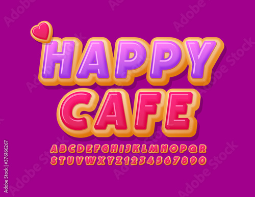 Vector bright logo Happy Cafe with Heart. Tasty Cake Font. Sweet Donut Alphabet Letters and Numbers