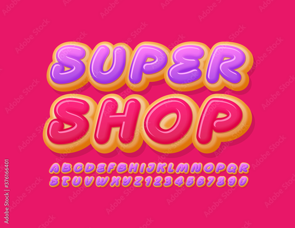 Vector colorful Emblem Super Shop. Bright Cake Font. Sweet Donut Alphabet Letters and Numbers set