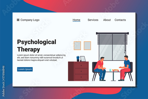 A man confides to a psychiatrist about his problem. Psychological landing page template.