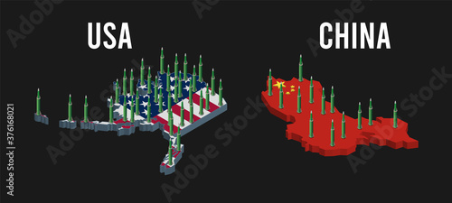 Modern isometric strategic rocket forces concept on  American and China nuclear missile attack. Vector illustration eps10.