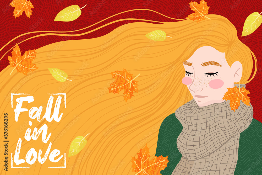 Happy ginger girl with an autumn leaf , enjoying the weather. Hello Fall. Autumn design for banner, poster, print, poster, postcard. Vector illustration. Happy ginger girl with an autumn leaf , enjoying the weather. Hello Fall. Autumn design for banner, poster, print, poster, postcard. Vector illustration.