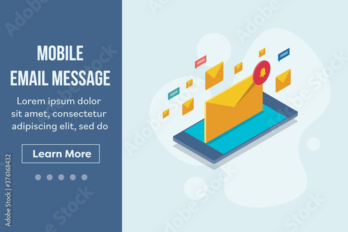 Unread email notification on isometric smartphone screen. Sms marketing, email advertising campaign, newsletter subscription, business email inbox.  Web banner template & landing page concept. 