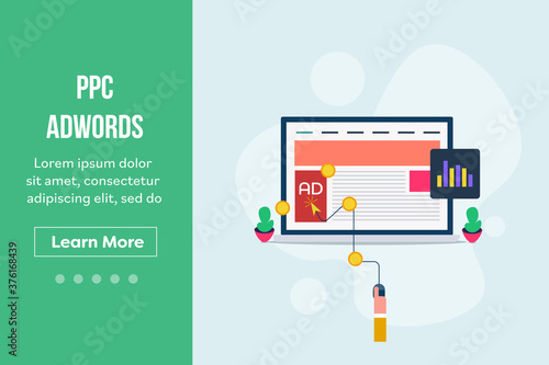 Pay per click advertising and ppc adword campaign for online business. Increasing website traffic and generating revenue online with paid media marketing technology, reaching audience on internet.