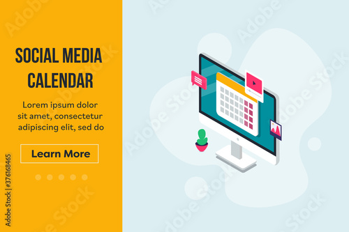 Organizing social media marketing campaign with calendar application. Social media calendar for content planning and meeting targets on time. Web banner template and landing page vector.