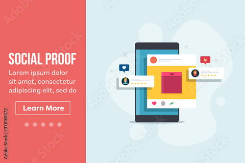 Social media marketing - ecommerce sales on social media - customer testimonial , social proof -digital marketing concept. Flat design web banner template for blog, website, presentation. 