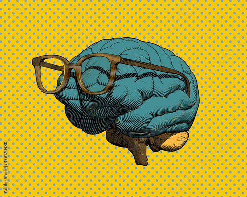 Brain with glasses drawing illustration on blue yellow dot  BG