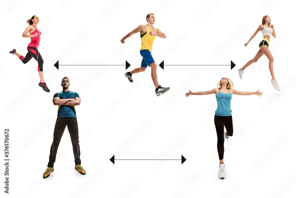 the concept of actions that can be performed together, physical distance during fitness classes. collage the concept of actions that can be performed together, physical distance during fitness classes. collage