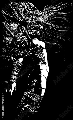 The cyborg girl, hung with many wires and man-made devices, screams in pain and madness, she has a beautiful smooth body with technical seams here and there. 2D illustration.