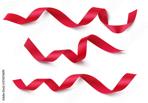 Set of decorative red ribbon with shadow isolated on white. Christmas, new year holiday decoration. Vector illustration