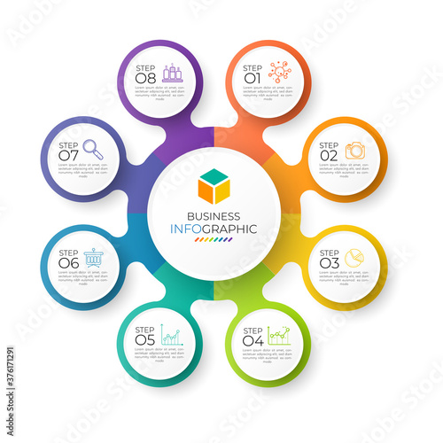 Circle chart template can be used for workflow layout, diagram, number options, web design. Infographic business concept with 8 option, parts, steps or processes. Abstract background.
