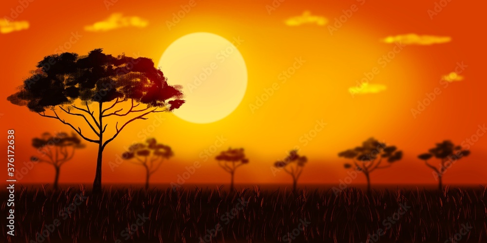 panorama baum in afrika bei sonnenuntergang hintergrund illustration