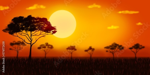 panorama baum in afrika bei sonnenuntergang hintergrund illustration