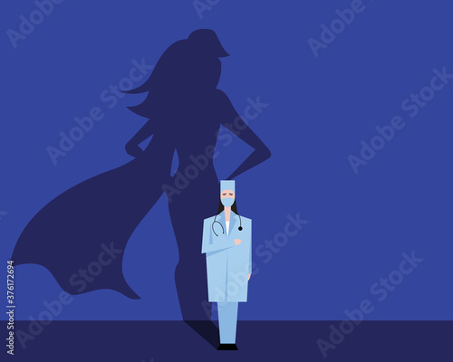 Super woman doctor or nurse. Hospitals superhero fighting for life. Thank you medical personal for work. Vector illustration concept.