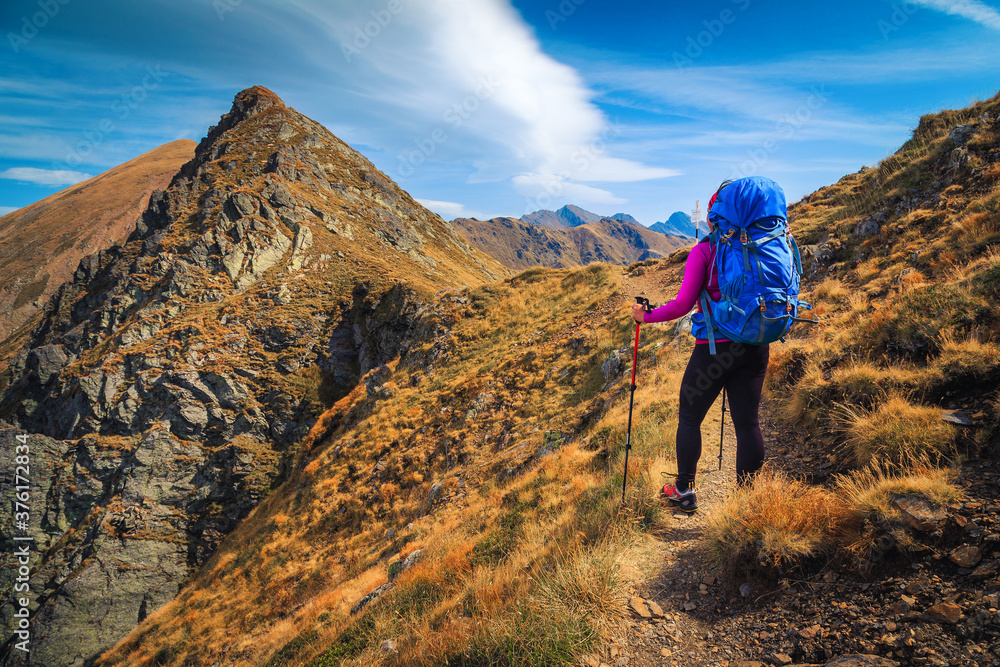 Obraz premium Sporty active hiker woman on the hiking trail, Carpathians, Romania