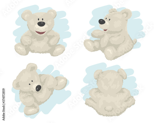 White teddy bear in different poses isolated on background, set. Vector illustration