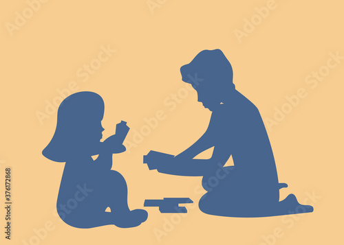Silhouette of children playing games at night with a flashlight. Vector illustration