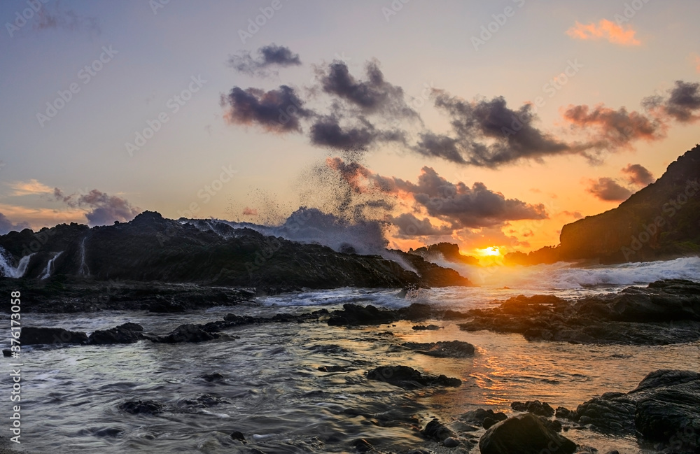 Start and End of A Day at Beach Tidal Wave Waterfall Brine Water Sky Sunset Sunrise Evening Rock Rocks Egg Sun Emotion Relation Relationship Symbol Background Wallpaper Morning Cloud Desktop Art Artwo