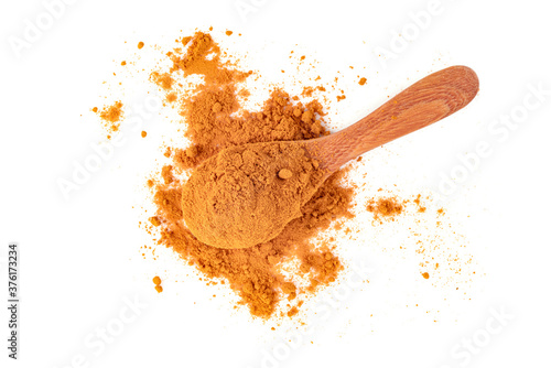 Dry turmeric powder or curcuma longa linn in wooden spoon isolated on white background.