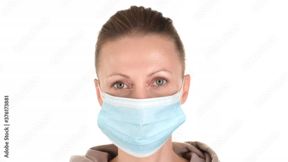 female wearing protective mask. Concept of health and safety life, coronavirus, virus protection, pandemic. white background female wearing protective mask. Concept of health and safety life, coronavirus, virus protection, pandemic. white background