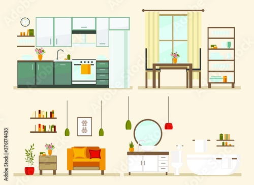 set with interiors, bathroom, kitchen, living room and bedroom, flat vector illustration of rooms with furniture