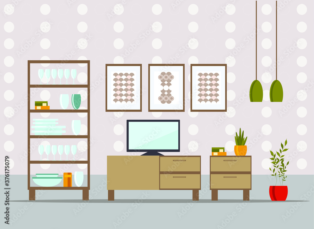 Fototapeta premium living room interior with furniture, flat cartoon vector illustration