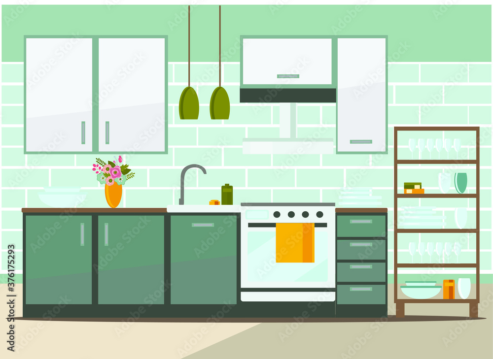 Fototapeta kitchen interior with furniture, flat vector illustration