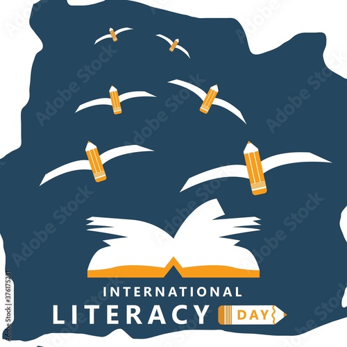 International Literacy Day greeting card illustration of open book with pen flying and pages be wings  as birds. Reading imagination concept for education holiday.