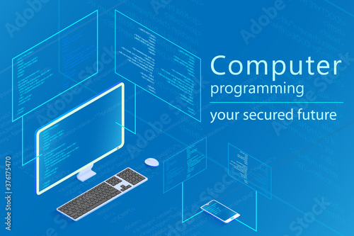 programmer coding binary computer isometric flat vector design