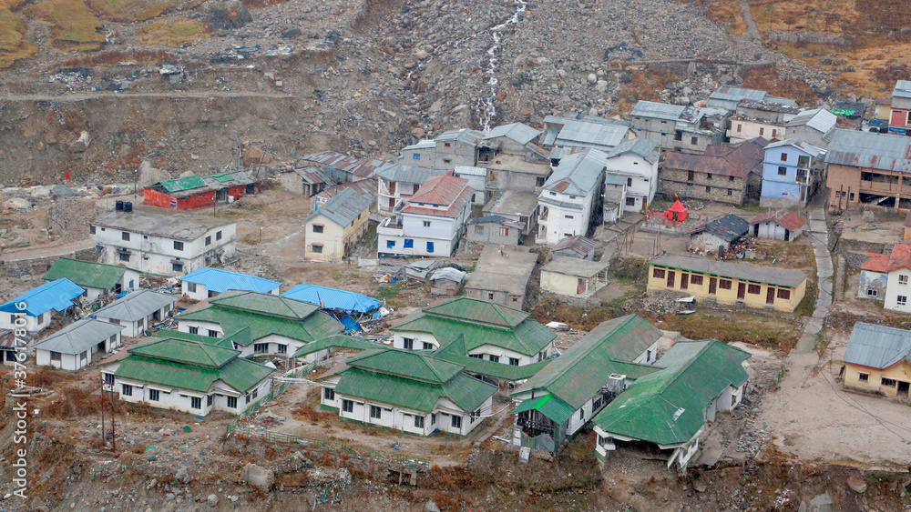 Kedarnath temple aerial view after Kedarnath Disaster 2013. Heavy loss