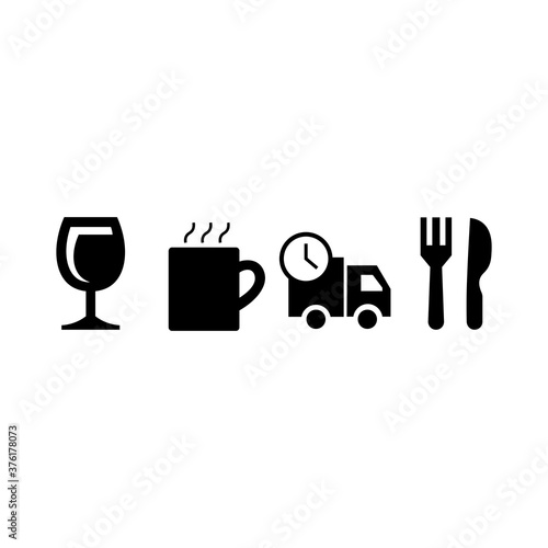 Set black icons delivery  cup  fork and spoon. Vector illustration eps 10