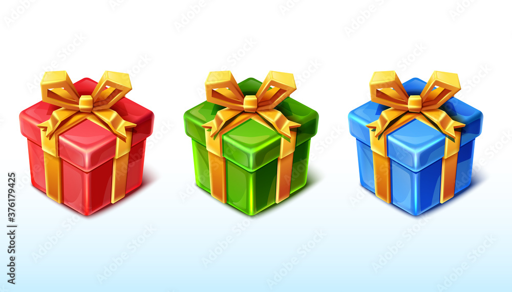 3d set of vector gift box presents in red, blue and green color. 3d set of vector gift box presents in red, blue and green color.