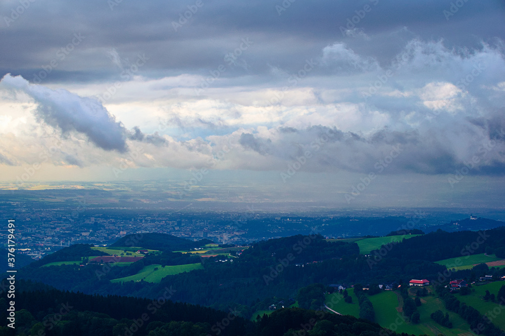 View from Kirschlag of the state capital Linz of Upper Austria in bad weather