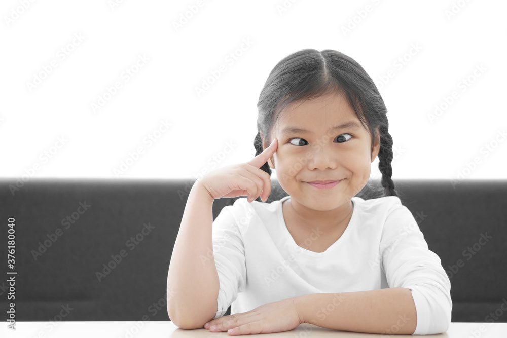 Asian child strabismus or kid girl squint lazy eye and amblyopia think with finger point brain head for new idea and imagination or creativity education with smile happy at nursery pre school on white Asian child strabismus or kid girl squint lazy eye and amblyopia think with finger point brain head for new idea and imagination or creativity education with smile happy at nursery pre school on white