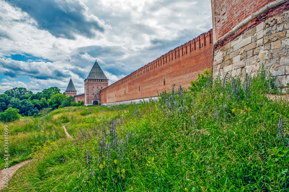Fortress wall, towers of Pozdnyakov and Veselukh. Smolensk. Russia