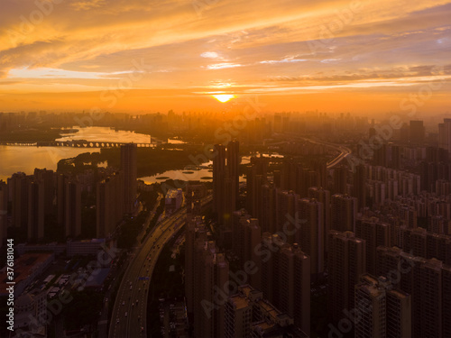 Wuhan city sunset and night aerial photography scenery in summer © Hao