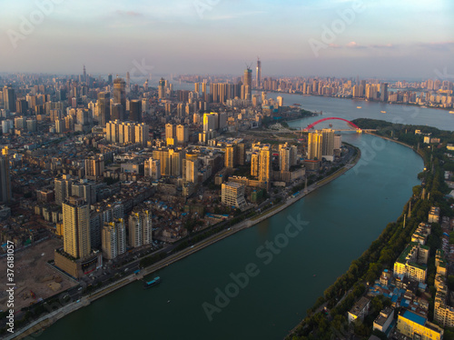 Wuhan city sunset and night aerial photography scenery in summer