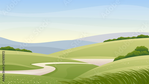 Country summer landscape with fields, hills, river and lake. Beautiful morning landscape of Tuscany.