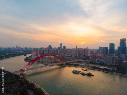 Wuhan city sunset and night aerial photography scenery in summer