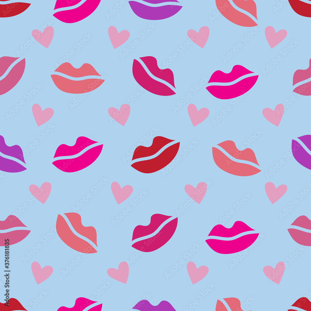 Seamless pattern with lipstick prints and hearts. Valentines day background. Vector EPS 10