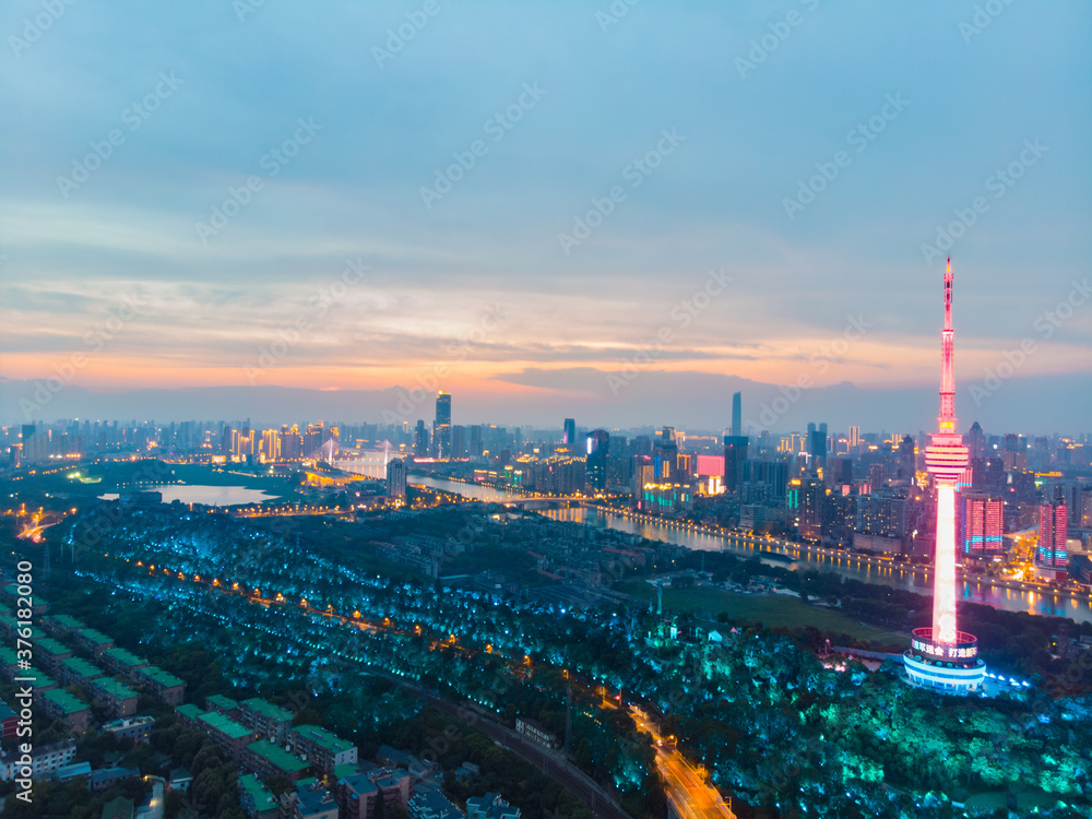 Wuhan city sunset and night aerial photography scenery in summer