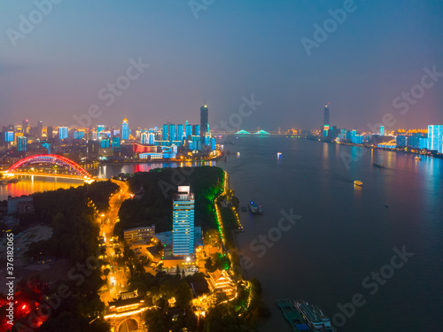 Wuhan city sunset and night aerial photography scenery in summer