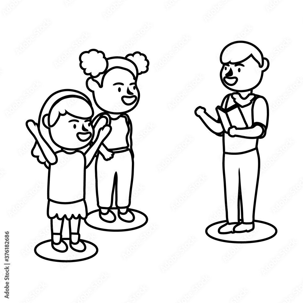 male teacher worker reading book and little schoolgirls line style icon male teacher worker reading book and little schoolgirls line style icon