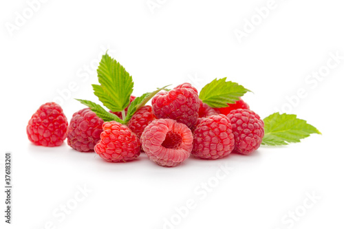  raspberries with leaf isolated on a white background