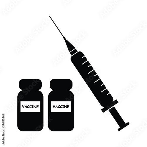 Vaccine with Syringe. Black and white pictogram illustration depicting medical vaccine and syringe. EPS Vector