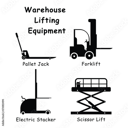 Warehouse Lifting Equipment. Black and white pictogram illustration depicting various factory warehouse lifting machines such as forklit, pallet jack, electric sacker and scissors lift. EPS Vector